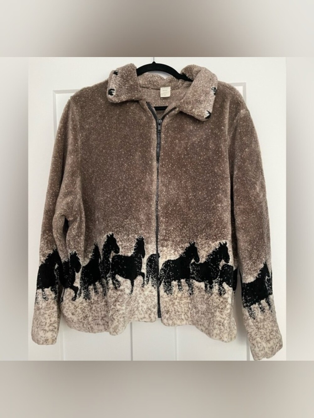 🐴Vintage 90s Brown Wild Horses Print Women's Fleece Zip Jacket-Sz. XL